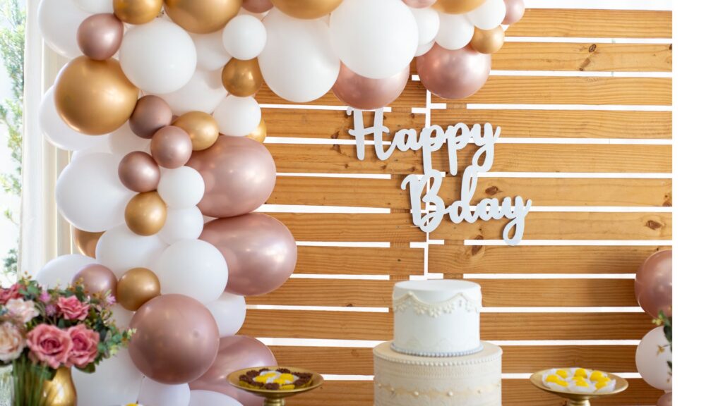 Gold and white balloon birthday backdrop with wooden panel by Saraya D Decor Adelaide