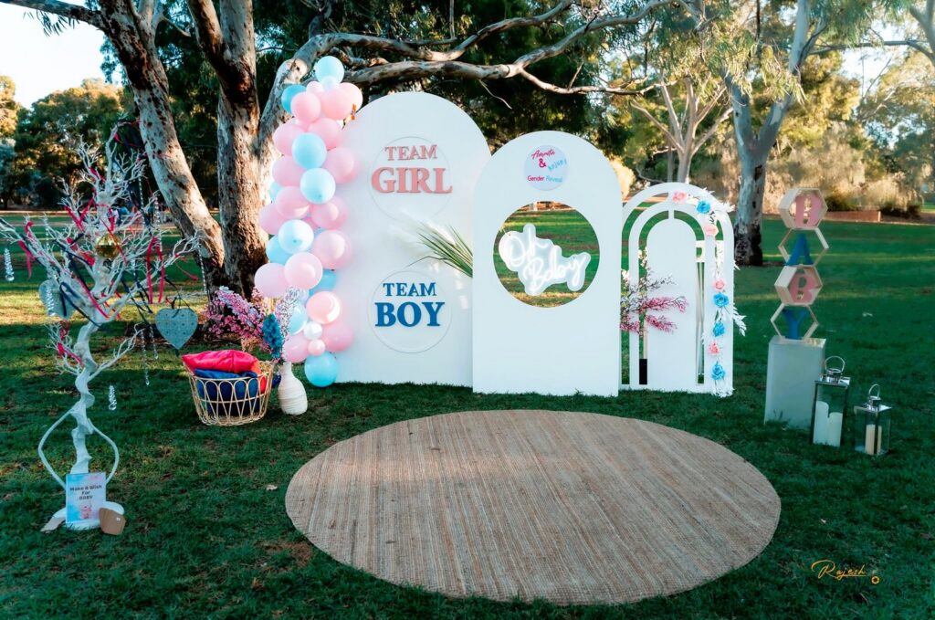 Outdoor gender reveal setup with pink and blue balloons by Saraya D Decor Adelaide
