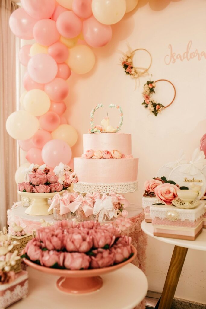Pink and cream balloon birthday decoration with dessert table by Saraya D Decor Adelaide